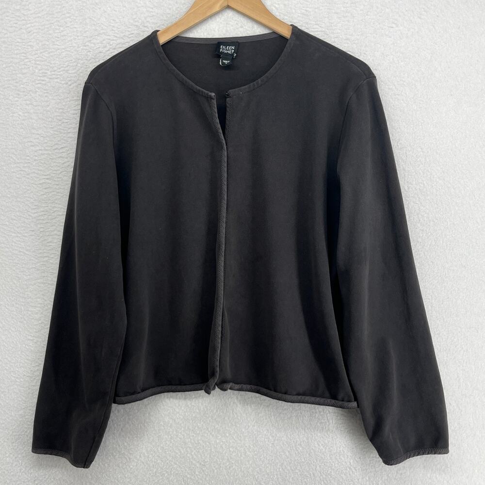 EILEEN FISHER Top L Heavy Brushed Jersey Cardigan Cotton Snap Front Black